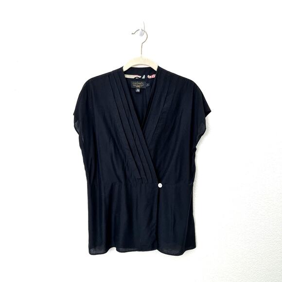 [Icelandic Design] Black Surplice Wrap Pleated Front Blouse Bamboo Silk Blend L - Picture 1 of 10